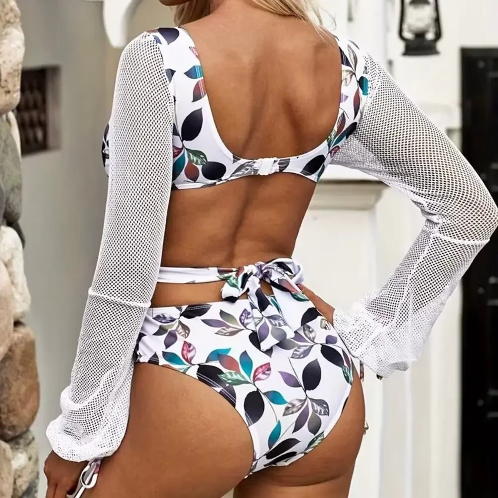 Boutique White Long Sleeve Mesh Floral One Piece Swim Suit Monokini Size Medium